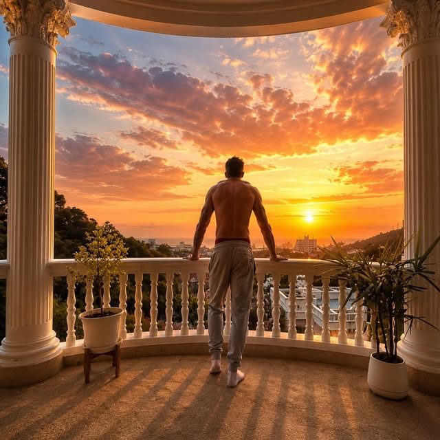 Jasper on a balcony at sunset